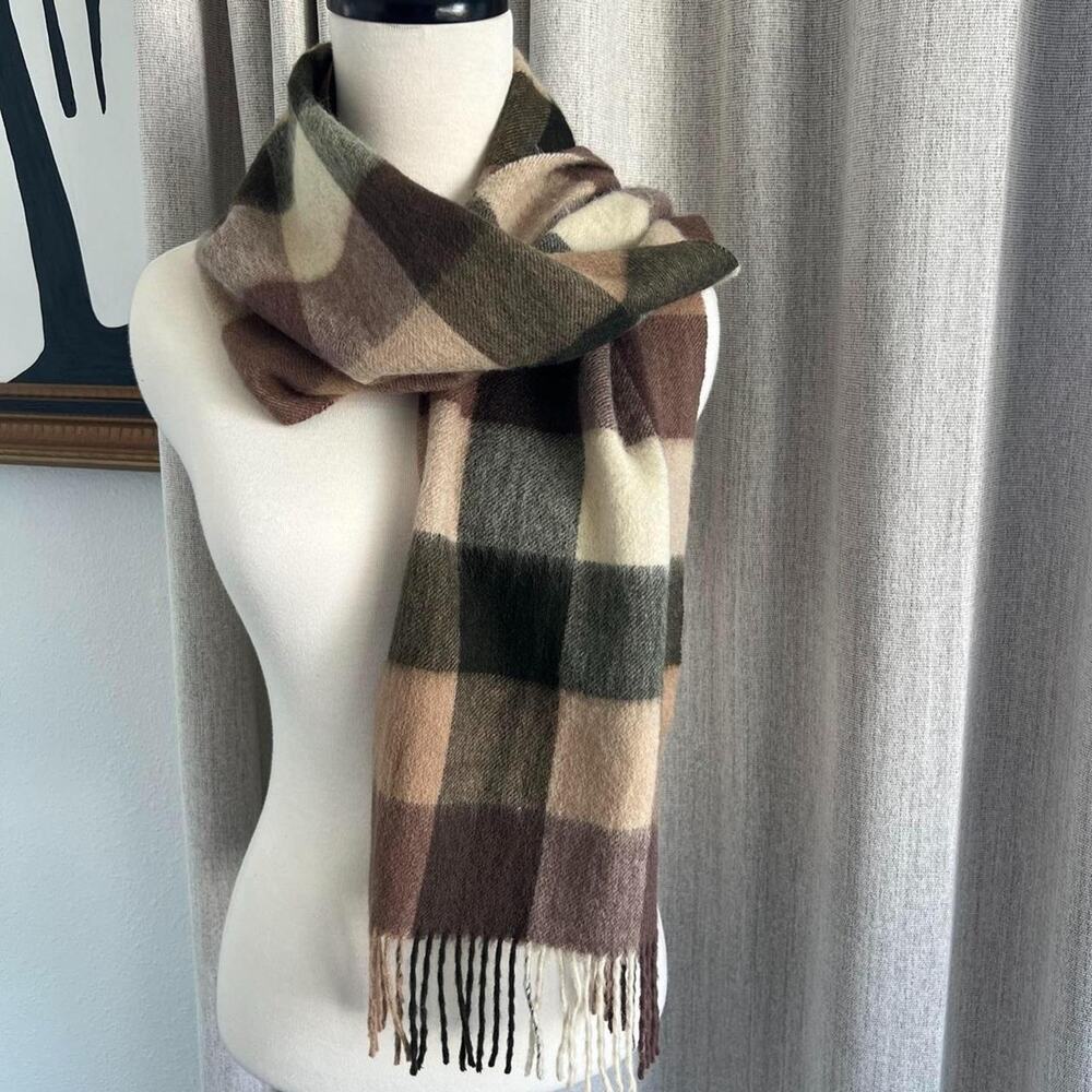 100% Pure Wool Scarf Meng Long Cashmere Develop Centre Plaid Brown Green Neutral